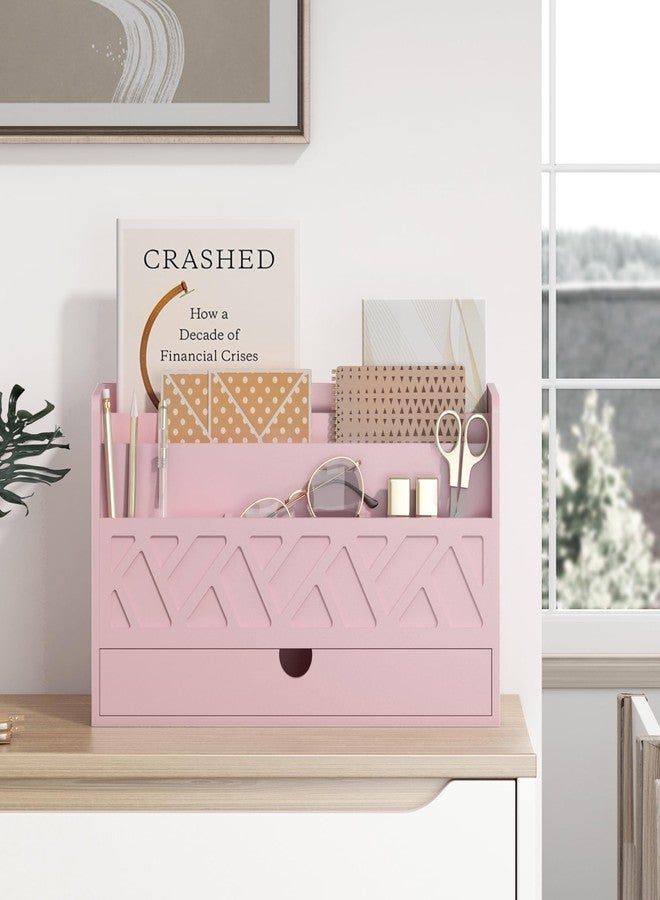 Wisuce Bamboo Mail Organizer Countertop Desktop with Drawer - All-in-One Desk File Organizer with Pencil Holder (Pink) - Image 2