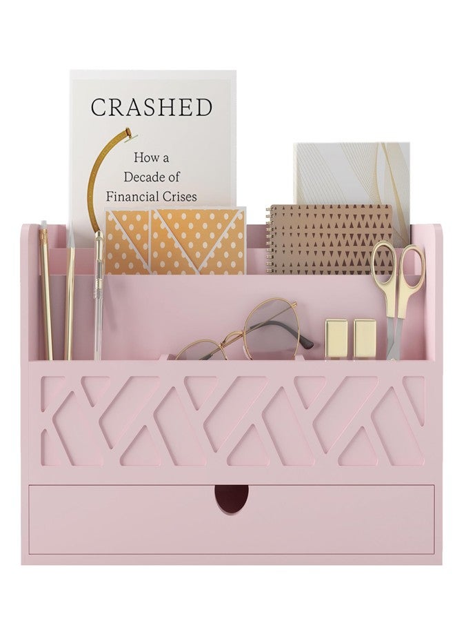 Wisuce Bamboo Mail Organizer Countertop Desktop with Drawer - All-in-One Desk File Organizer with Pencil Holder (Pink) - Image 1