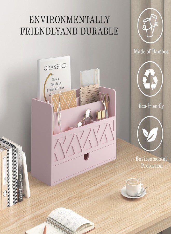Wisuce Bamboo Mail Organizer Countertop Desktop with Drawer - All-in-One Desk File Organizer with Pencil Holder (Pink) - Image 5