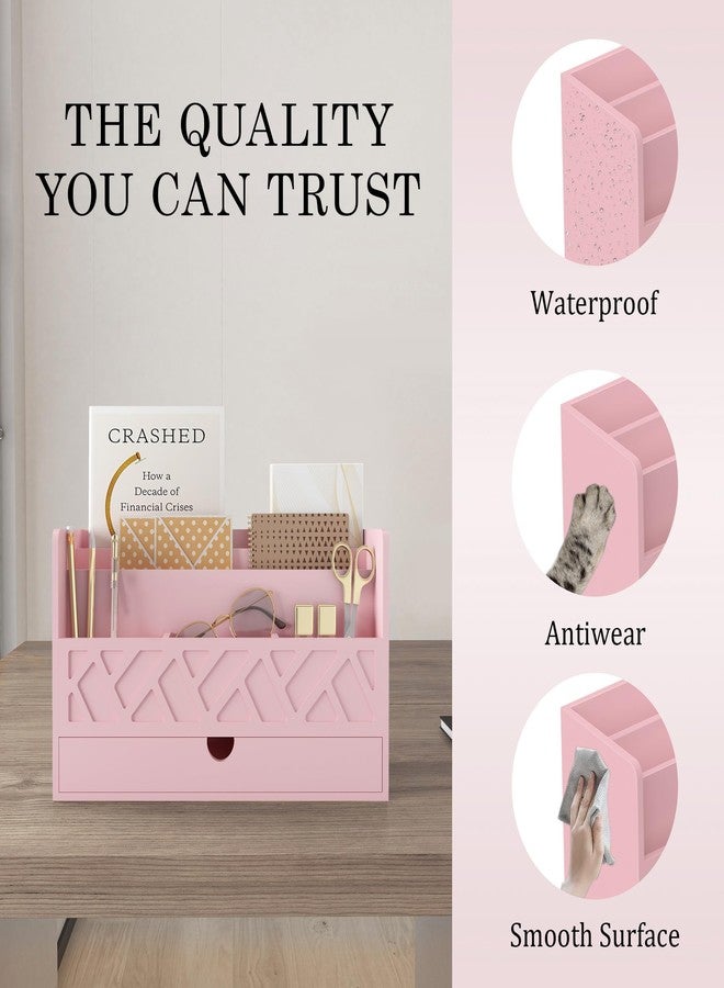 Wisuce Bamboo Mail Organizer Countertop Desktop with Drawer - All-in-One Desk File Organizer with Pencil Holder (Pink) - Image 4