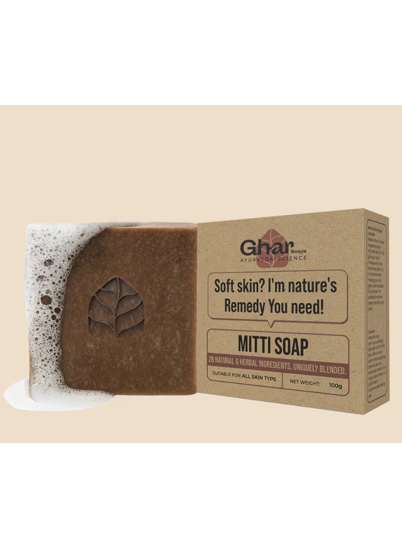 Ghar Soaps Mitti Soap with Mountain Pond Soil, 26 Herbs for Brightening, Softening, Exfoliating, All Skin Types, 100g Bar - Image 1