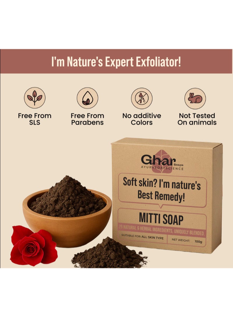 Ghar Soaps Mitti Soap with Mountain Pond Soil, 26 Herbs for Brightening, Softening, Exfoliating, All Skin Types, 100g Bar - Image 4