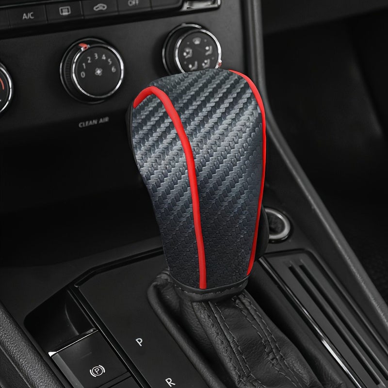 Black And Red Carbon Fiber Faux Leather Gear Shift Cover For Auto - Image 1