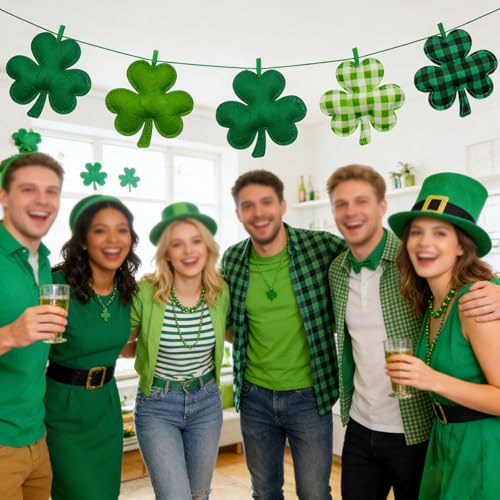 Suartus St Patrick's Day Felt Hanging Ornaments, 25Pcs Green Shamrocks Hanging Ornament Plaid Luck Clover Bauble Decoration for Saint Patrick's Party Supplies Tiered Tray Table Crafts Decor - Image 4