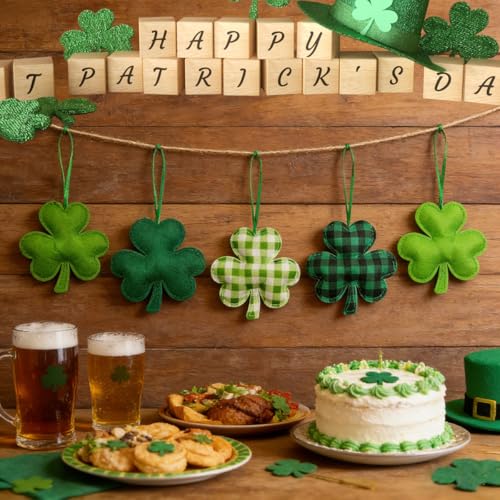 Suartus St Patrick's Day Felt Hanging Ornaments, 25Pcs Green Shamrocks Hanging Ornament Plaid Luck Clover Bauble Decoration for Saint Patrick's Party Supplies Tiered Tray Table Crafts Decor - Image 3