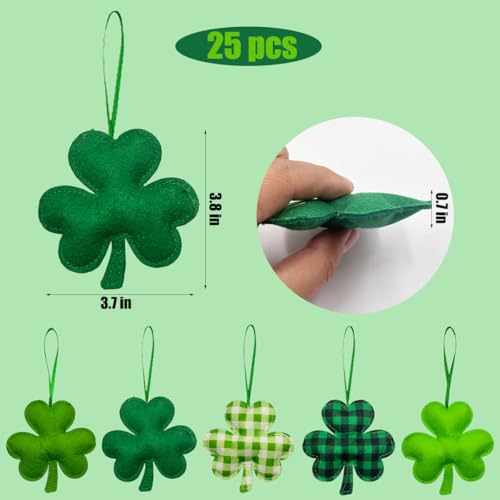 Suartus St Patrick's Day Felt Hanging Ornaments, 25Pcs Green Shamrocks Hanging Ornament Plaid Luck Clover Bauble Decoration for Saint Patrick's Party Supplies Tiered Tray Table Crafts Decor - Image 2