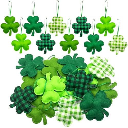 Suartus St Patrick's Day Felt Hanging Ornaments, 25Pcs Green Shamrocks Hanging Ornament Plaid Luck Clover Bauble Decoration for Saint Patrick's Party Supplies Tiered Tray Table Crafts Decor - Image 1
