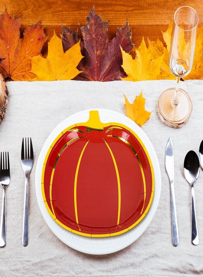 Whaline 24Pcs Fall Pumpkin Paper Plates Foil Gold Pumpkin Shaped Disposable Plates Red Orange Yellow Pumpkins Decorative Tableware for Thanksgiving Party Supplies Autumn Holiday Catering Events - Image 4