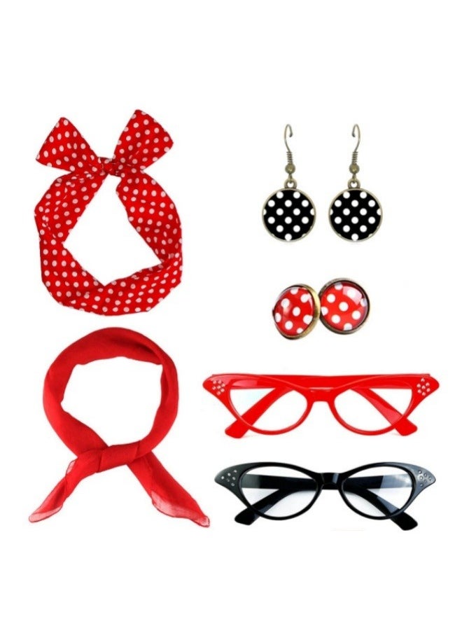 ILovhaprty - 6 Pack Retro Hippie Accessories, Flapper Great Accessories Set Chiffon Scarf Cat Eye Glasses Bandana Tie Headband Earrings - Image 1
