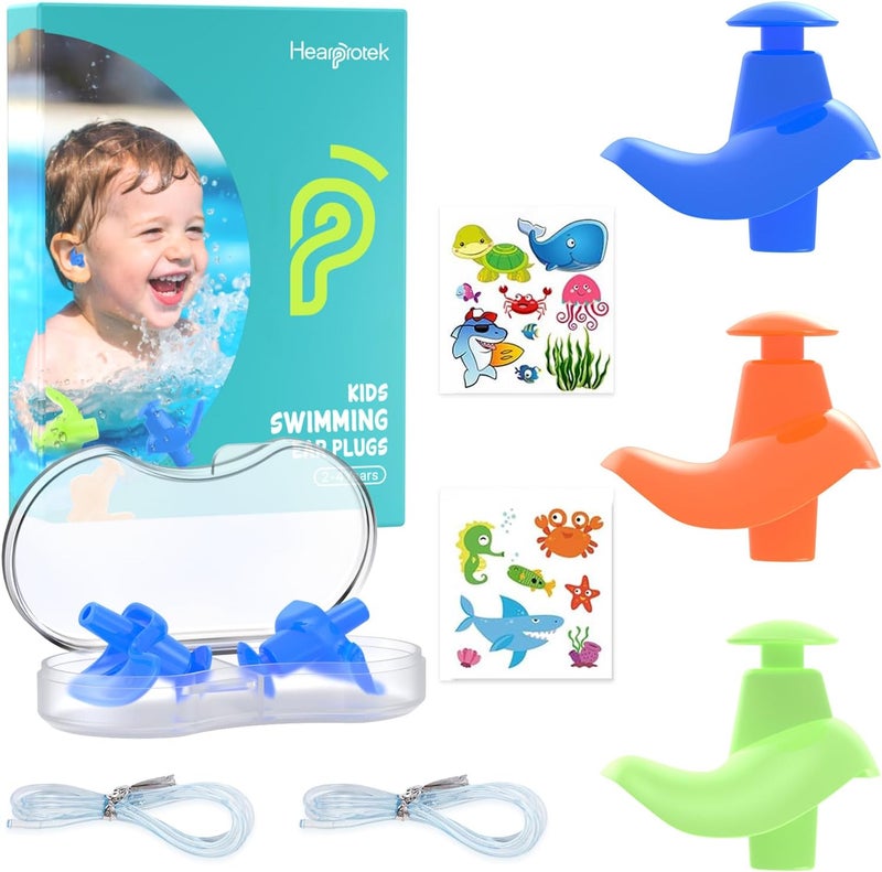 Hearprotek 3 Pairs Swimming Ear Plugs for Kids, Soft Silicone Reusable Waterproof Earplugs for Toddlers Bathing Swimming and Other Water Sports(Blue/Orange/Green) - Image 1