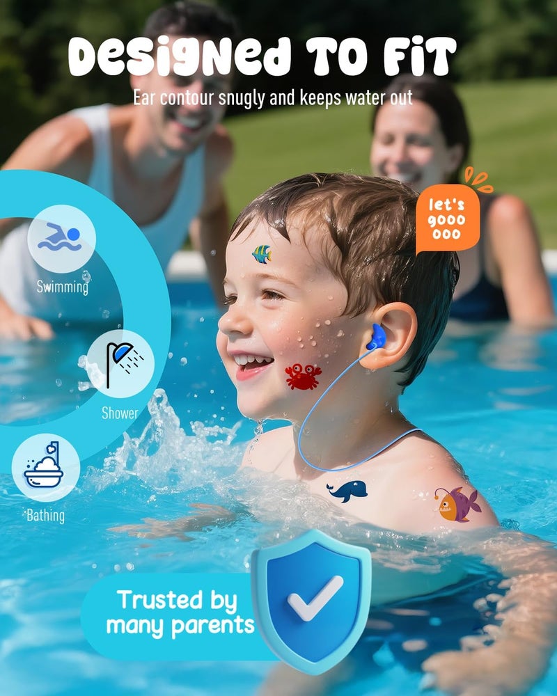 Hearprotek 3 Pairs Swimming Ear Plugs for Kids, Soft Silicone Reusable Waterproof Earplugs for Toddlers Bathing Swimming and Other Water Sports(Blue/Orange/Green) - Image 2