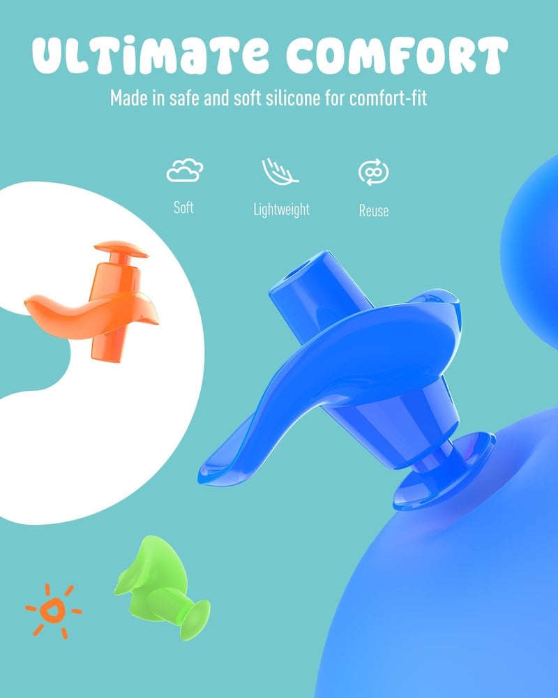 Hearprotek 3 Pairs Swimming Ear Plugs for Kids, Soft Silicone Reusable Waterproof Earplugs for Toddlers Bathing Swimming and Other Water Sports(Blue/Orange/Green) - Image 3