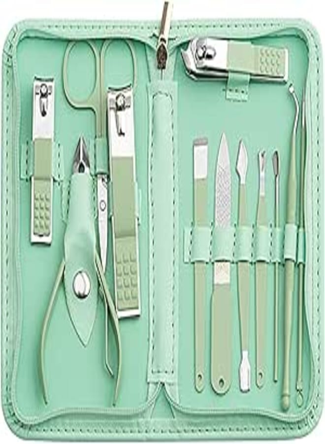 Nail Kit, Manicure Kit, Nail Care Kit for Women, Manicure Pedicure Set, Nail Clippers Toenail Clippers Kit, Professional Manicure Kit Pedicure Kit, Green Travel Case, Set of 12-LIGHT GREEN