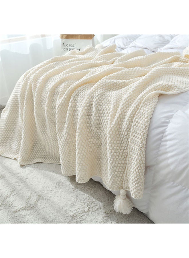 Tassel Design Warm Blanket Polyester Cream Coloured 130x170cm - Image 2