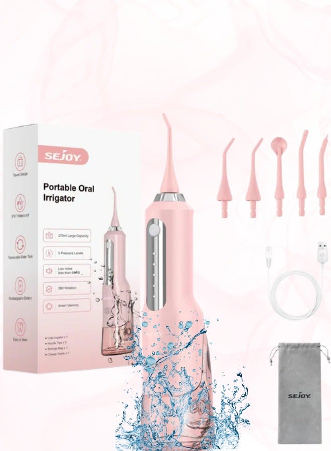 SEJOY Water Flosser with 270mL Tank 4 Modes 6 Jet Tips,Dental Oral Irrigator for Home and Travel for Oral Care,USB Rechargeable Cordless Water Dental Picks for Teeth Cleaning,IPX7 Waterproof - Image 1