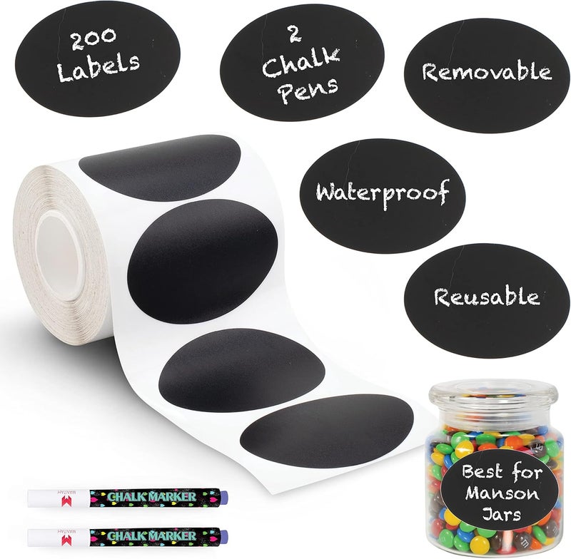 Mantah Oval Chalkboard Labels 200pcs with 2 White Chalk Marker, Reusable Waterproof Chalk Label for Storage Bin, Labels for Food Container, Label for Jars, Containers - Image 1