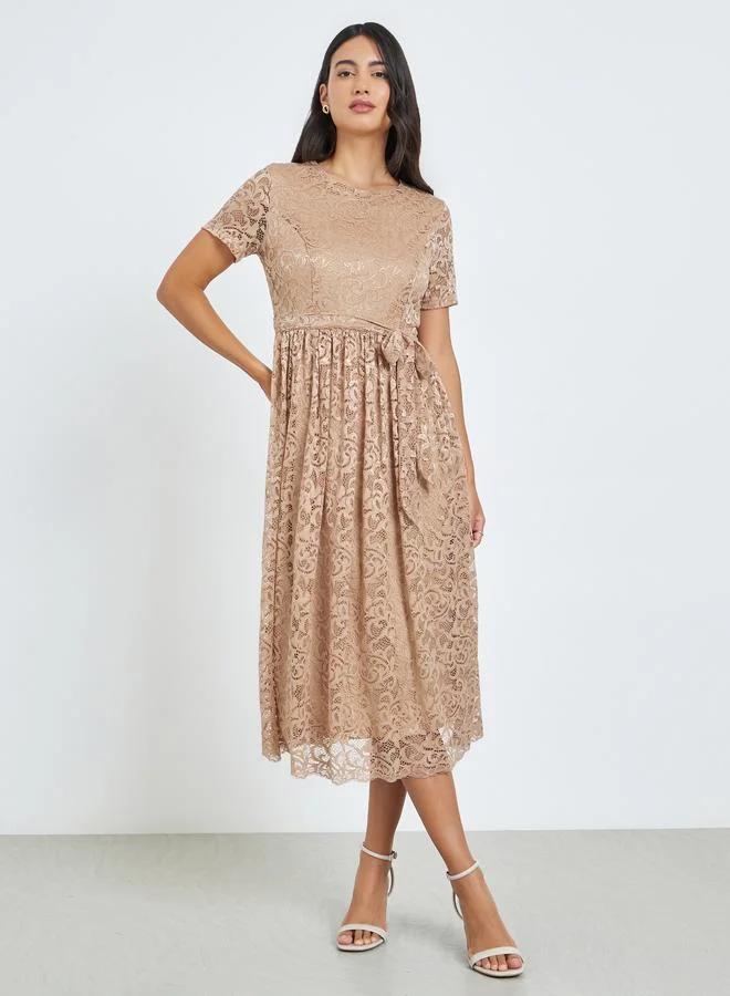 Beige All-Lace A-Line Midi Dress