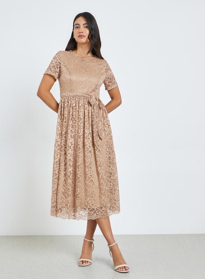 Styli Beige All-Lace A-Line Midi Dress - Image 3