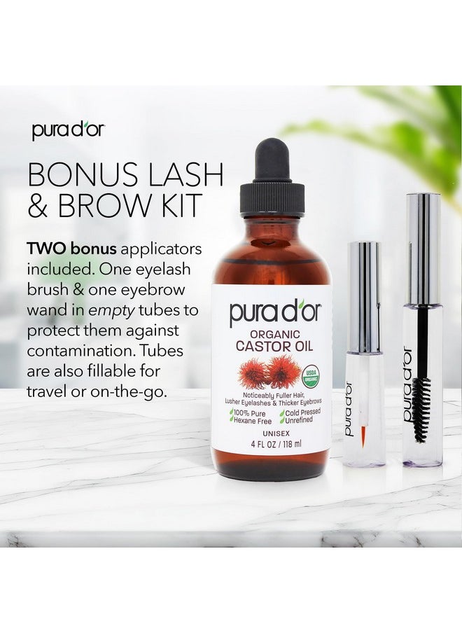 Pura d'or - 4 Oz Organic Castor Oil 100% Pure Usda Certified Cold Pressed Hexane Free Eyelash & Eyebrow Growth Serum 2 Empty Bonus Applicators For Fuller Thicker Lashes & Brows Skin & Hair - Image 1