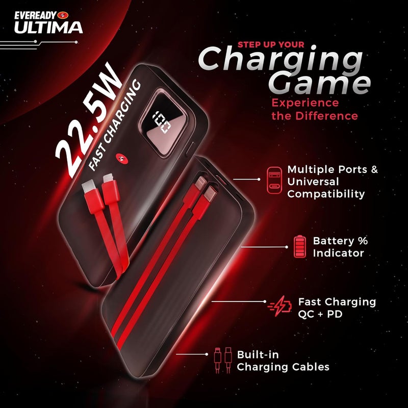 Eveready بنك الطاقة ألتيمّا PB10 مع كابلات مدمجة 10,000 مللي أمبير، شحن سريع 22.5 واط، منافذ متعددة وتوافق عالمي، إدخال وإخراج TypeC، مؤشر بطارية رقمي، حماية من الشحن الزائد - Image 3