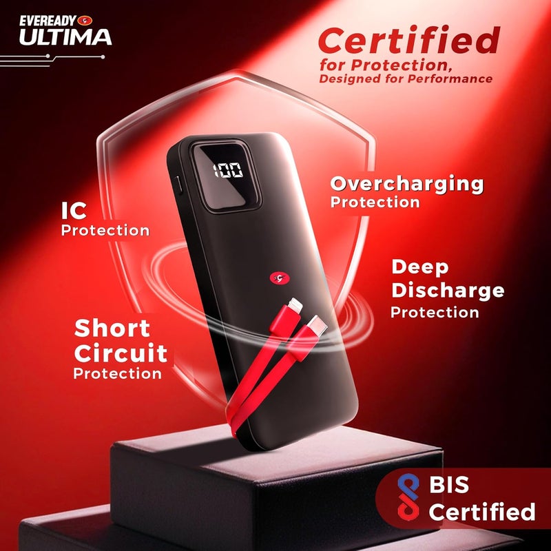 Eveready بنك الطاقة ألتيمّا PB10 مع كابلات مدمجة 10,000 مللي أمبير، شحن سريع 22.5 واط، منافذ متعددة وتوافق عالمي، إدخال وإخراج TypeC، مؤشر بطارية رقمي، حماية من الشحن الزائد - Image 4