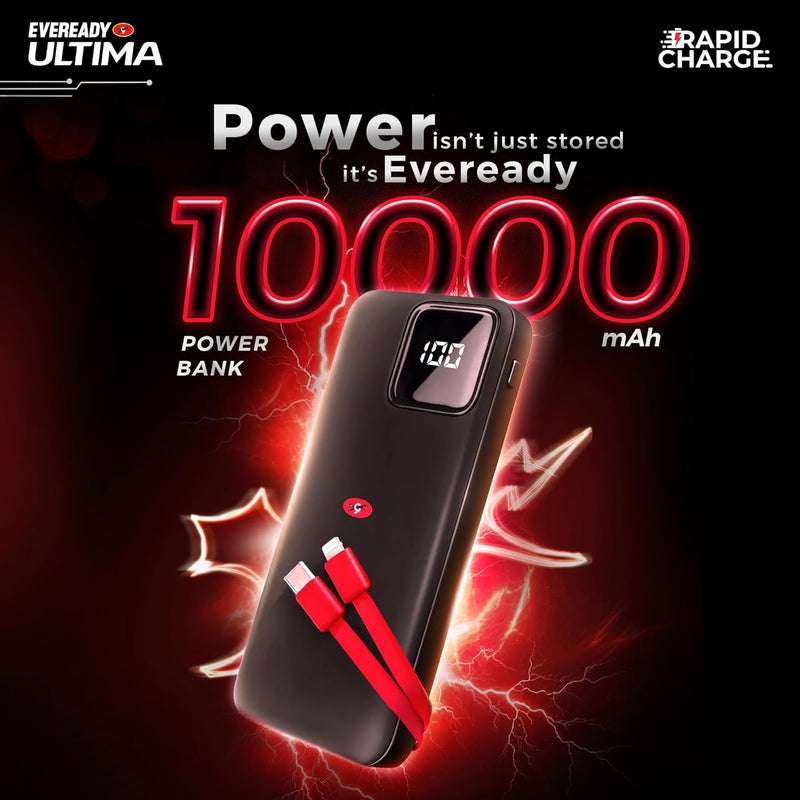Eveready بنك الطاقة ألتيمّا PB10 مع كابلات مدمجة 10,000 مللي أمبير، شحن سريع 22.5 واط، منافذ متعددة وتوافق عالمي، إدخال وإخراج TypeC، مؤشر بطارية رقمي، حماية من الشحن الزائد - Image 2