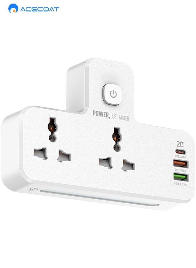 ACECOAT 5-in-1 Power Extension Socket Power adapter, Extension Plug 2 Outlet Multi Plug Adapter Surge Protector Plug With 20W USB-C PD Quick Charge Port, 2 USB-A QC3.0, 2 Universal Outlets, With Light - Image 1