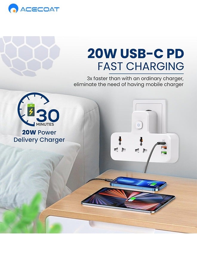 ACECOAT 5-in-1 Power Extension Socket Power adapter, Extension Plug 2 Outlet Multi Plug Adapter Surge Protector Plug With 20W USB-C PD Quick Charge Port, 2 USB-A QC3.0, 2 Universal Outlets, With Light - Image 3