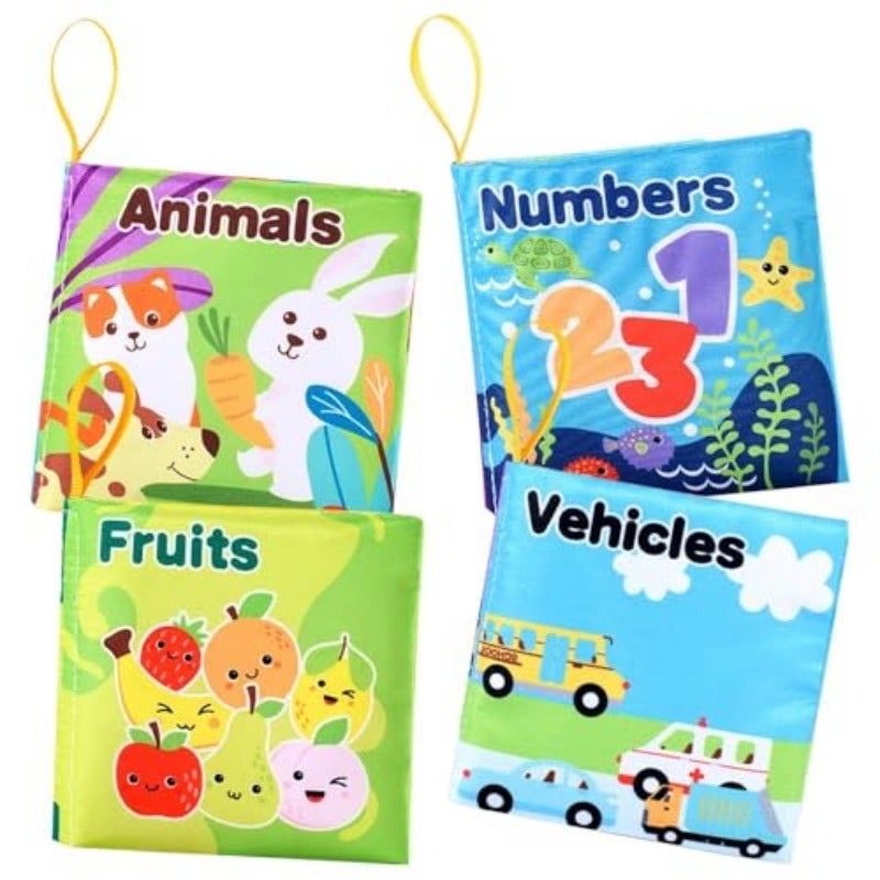 4 Pack Baby Cloth Books Soft Crinkle Bath Book Toys with Touch and Feel Texture Early Learning Books for Babies Featuring Animals Transportation Numbers and Fruits - Image 1