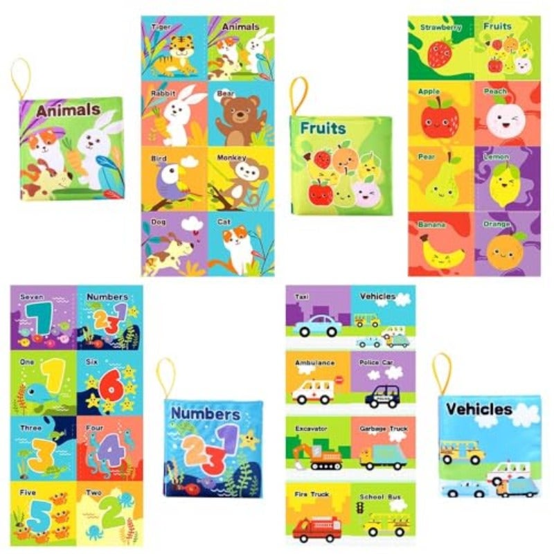 4 Pack Baby Cloth Books Soft Crinkle Bath Book Toys with Touch and Feel Texture Early Learning Books for Babies Featuring Animals Transportation Numbers and Fruits - Image 4