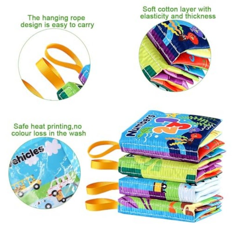 4 Pack Baby Cloth Books Soft Crinkle Bath Book Toys with Touch and Feel Texture Early Learning Books for Babies Featuring Animals Transportation Numbers and Fruits - Image 3