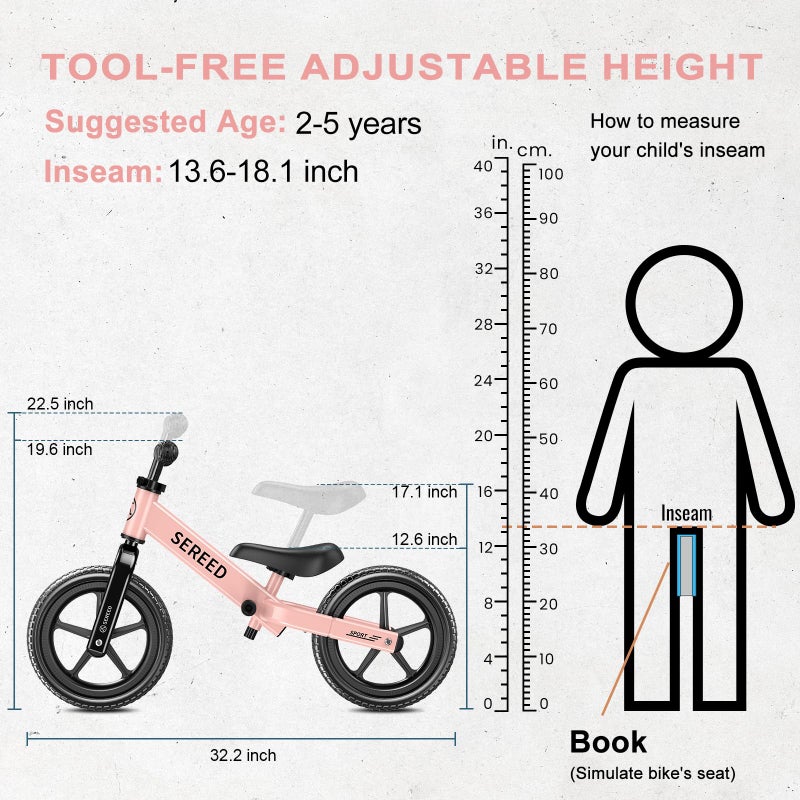SEREED Toddler Balance Bike 2 Year Old, No Pedal Kids Toy Bike for 2-5 Years Old, Tool-Free Adjustment, Gift for 2-3 Girls, Customize Plate with 3pcs Stickers (Pink) - Image 3