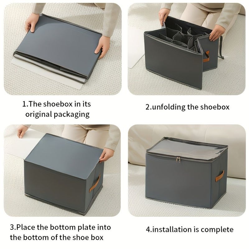 1pc Foldable Oxford Fabric Shoe Organizer With Lid Grey Dustproof Storage Box For Shoes Clothes Accessories Versatile Home Organization Solution - Image 4