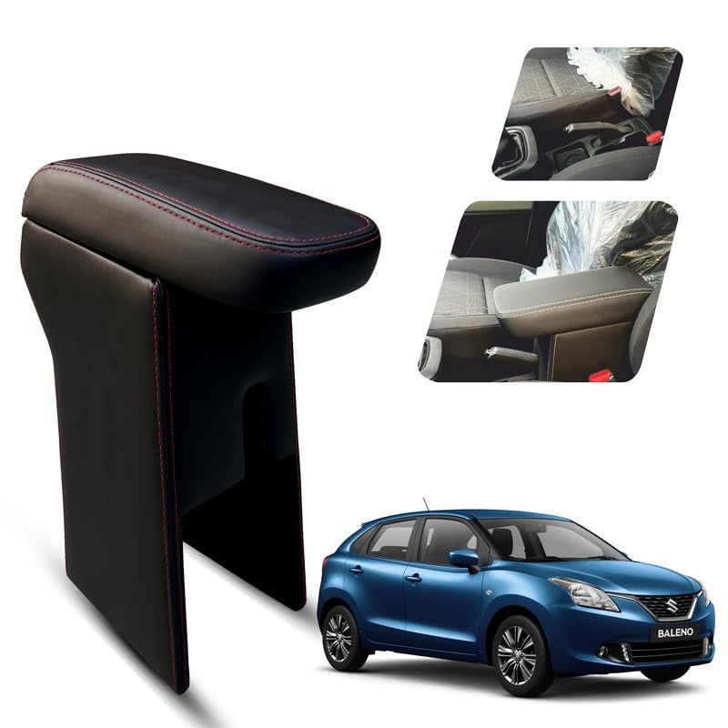 Carigiri Premium Finish Car Armrest with Storage Box And High Density Moulded Foam For Maruti Suzuki Baleno (Models-2015-2021) (Black With Red Double Stitching,Nappa Leatherette) - Image 1
