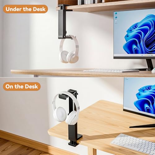Kosker Headphone Stand & Hanger for Desk, 2 in 1 Above & Under Desk Gaming Headset Holder Mount with Height Adjustable & Rotating Clamp, Dual-sided Anti-slip Pad, Earphone Rack with Cable Clip, 1 Hooks - Image 4