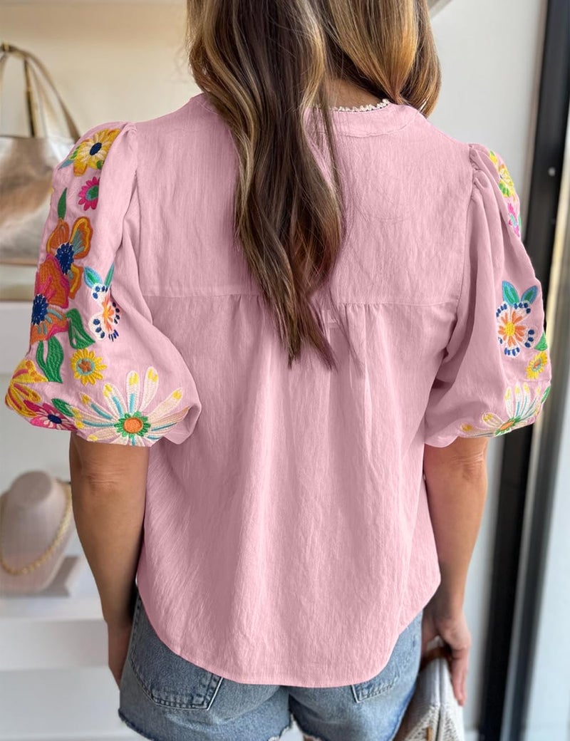 Ecosunny Women's Boho Embroidered Tops V Neck Floral Short Puff Sleeve Casual Shirts Loose Tunic Summer Blouses Fashion 2026 A-pink - Image 2