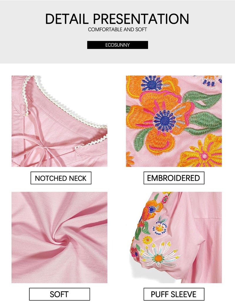 Ecosunny Women's Boho Embroidered Tops V Neck Floral Short Puff Sleeve Casual Shirts Loose Tunic Summer Blouses Fashion 2026 A-pink - Image 5