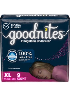 GoodNites Goodnites Girls' Nighttime Bedwetting Underwear, Size Extra Large (95-140+ lbs), 9 Ct, Packaging May Vary 