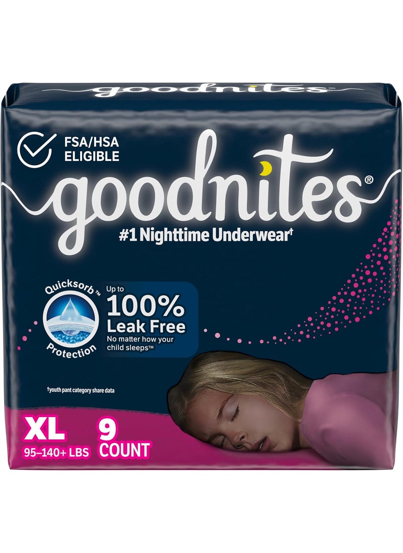 GoodNites Goodnites Girls' Nighttime Bedwetting Underwear, Size Extra Large (95-140+ lbs), 9 Ct, Packaging May Vary 