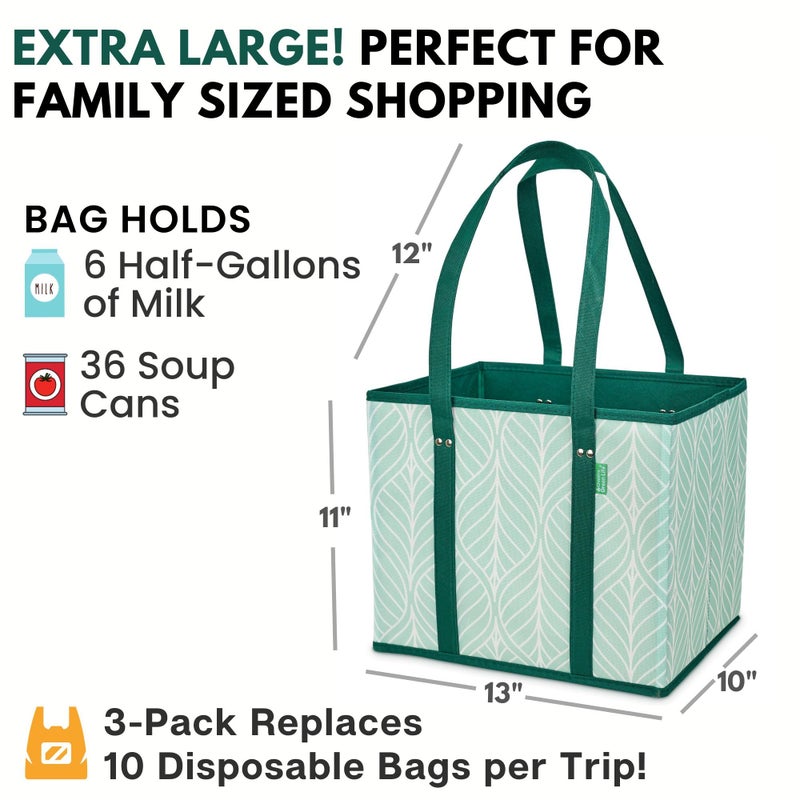 Creative Green Life Reusable Grocery Bags (3 Pack) â€“ Heavy Duty Reusable Shopping Bags for Groceries with Box Shape to Stand Up, Stay Open, Fold Flat â€“ Large Tote-Bag is Foldable with Long Handles & Hard Bottom (Green) - Image 5