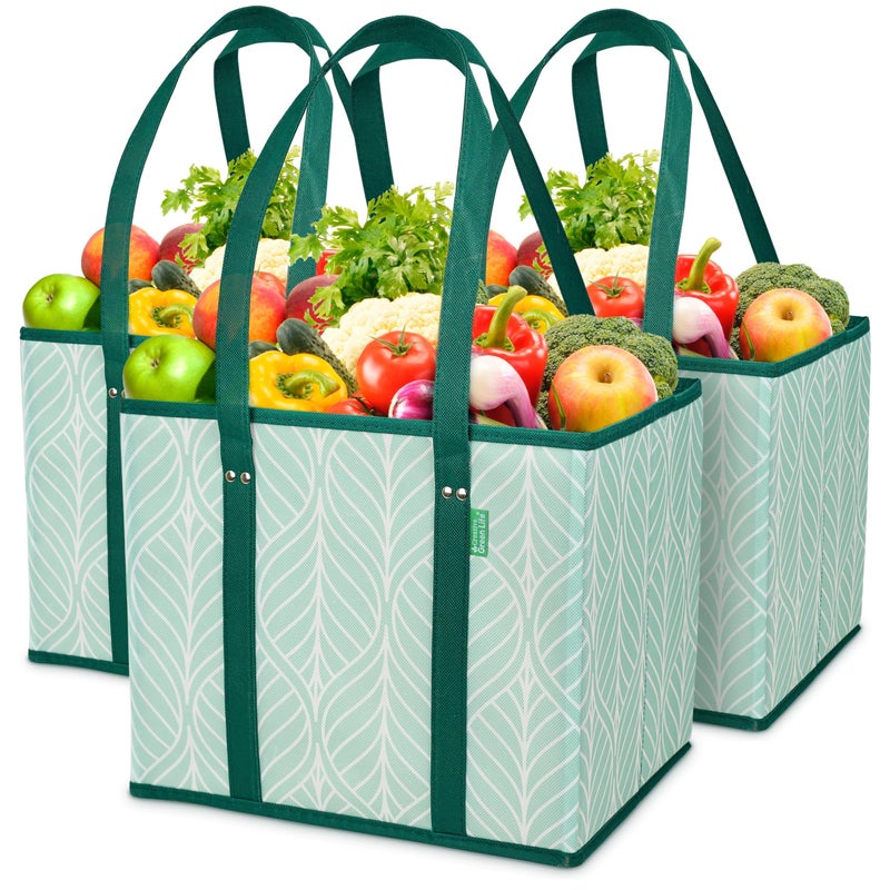 Creative Green Life Reusable Grocery Bags (3 Pack) â€“ Heavy Duty Reusable Shopping Bags for Groceries with Box Shape to Stand Up, Stay Open, Fold Flat â€“ Large Tote-Bag is Foldable with Long Handles & Hard Bottom (Green) - Image 1