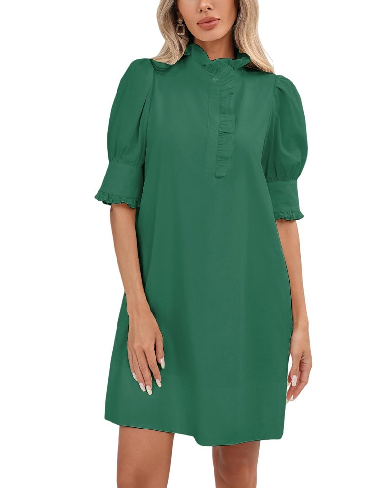 YEXPINE Women's Puff Short Sleeve Stand Ruffle Collar Summer Dress Casual A Line Shift Mini Dress with Pockets Green - Image 1