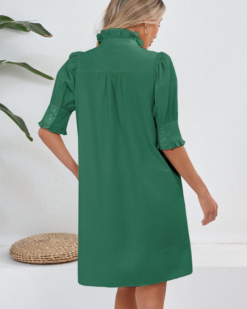 YEXPINE Women's Puff Short Sleeve Stand Ruffle Collar Summer Dress Casual A Line Shift Mini Dress with Pockets Green - Image 4