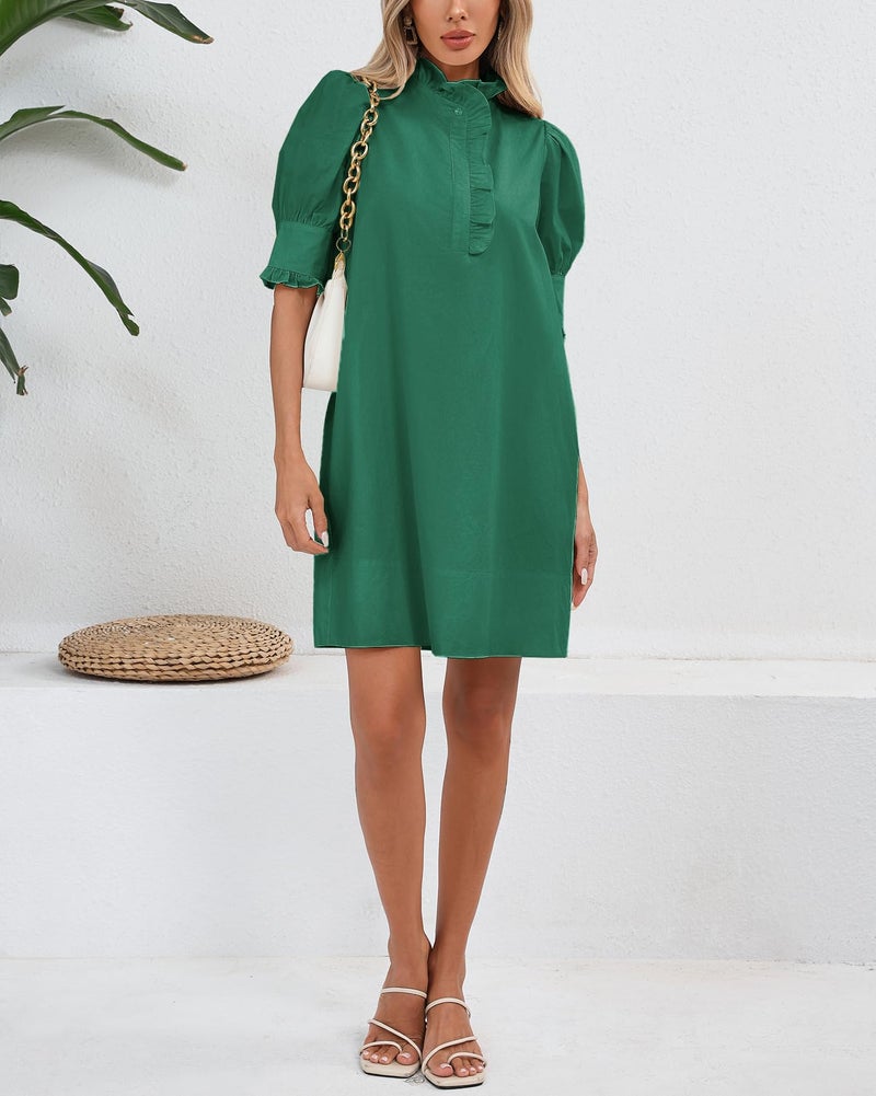 YEXPINE Women's Puff Short Sleeve Stand Ruffle Collar Summer Dress Casual A Line Shift Mini Dress with Pockets Green - Image 2