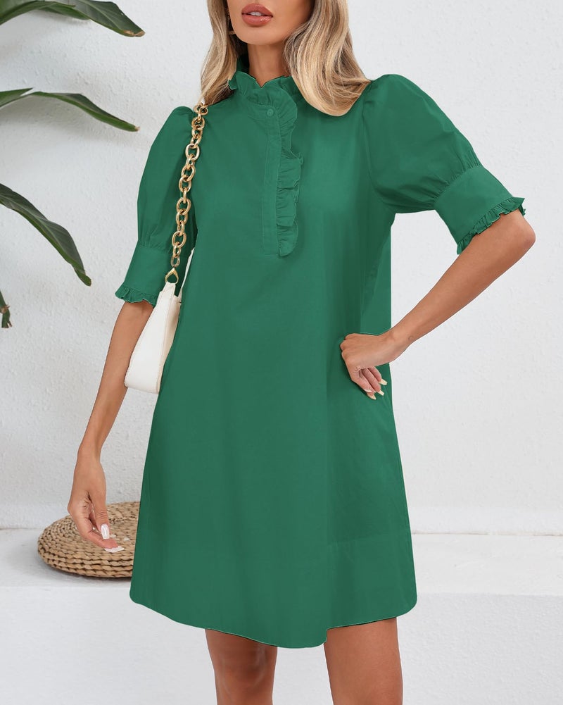YEXPINE Women's Puff Short Sleeve Stand Ruffle Collar Summer Dress Casual A Line Shift Mini Dress with Pockets Green - Image 3