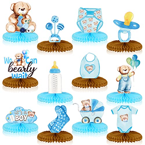 Teling 12 Pcs Bear Baby Shower Centerpiece Honeycomb Blue Bear Balloons Socks Nipples Diapers Its a Boy Table Decorations Baby Shower Tables Rooms Decor Gender Reveal Adornment for Boy Party Birthday - Image 1