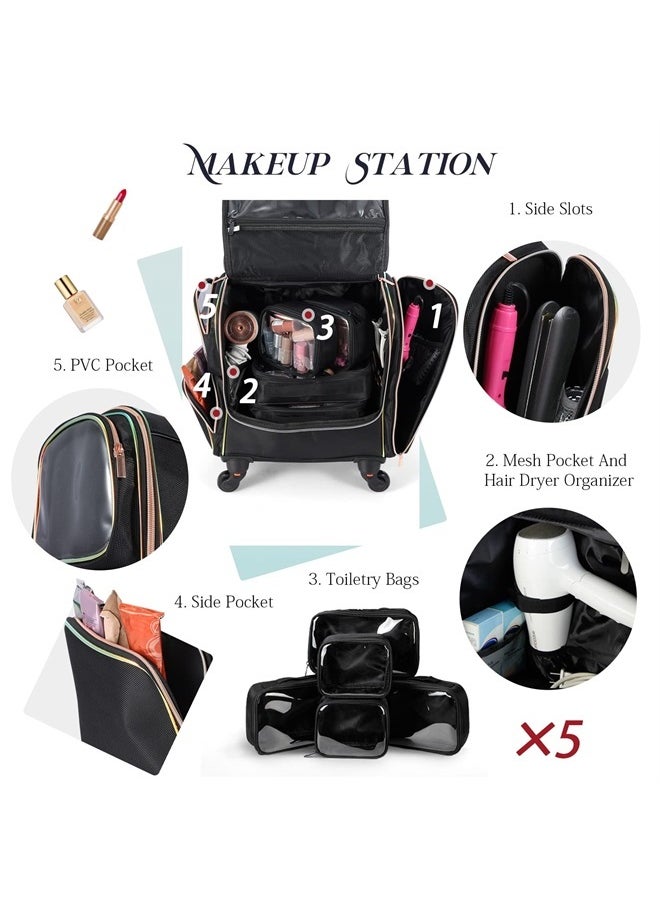 Stagiant Rolling Makeup Train Case, Professional Makeup Case, Travel Cosmetic Organizer Make Up Storage Bag for Makeup Artist, Hairstylist, Barbers, with 5 Toiletry Bags, Black  - Image 3