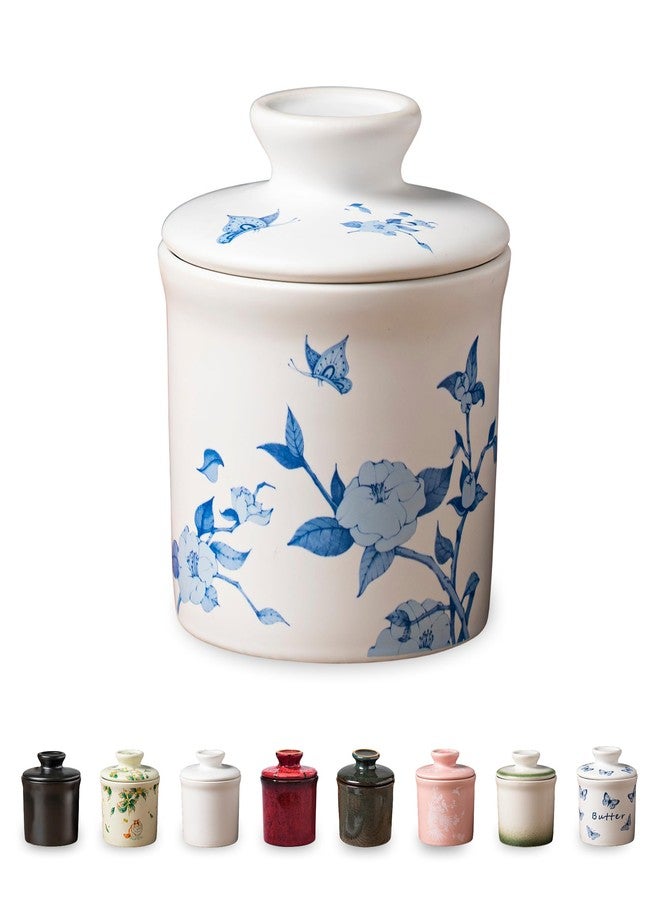 Teapeak Pottery Butter Keeper Crock - Ceramic Butter Dish with Water Line for Countertop, Keep Butter Fresh-Flower - Image 1