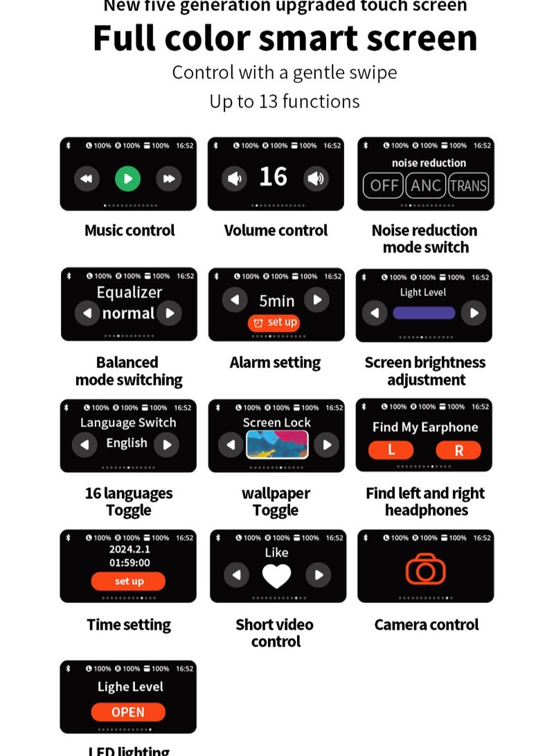 Wireless earphones Bluetooth headphones, Bluetooth 5.4 AI smart chip, LED full-color touchscreen, Compatible with iOS and Android systems,White  - Image 5