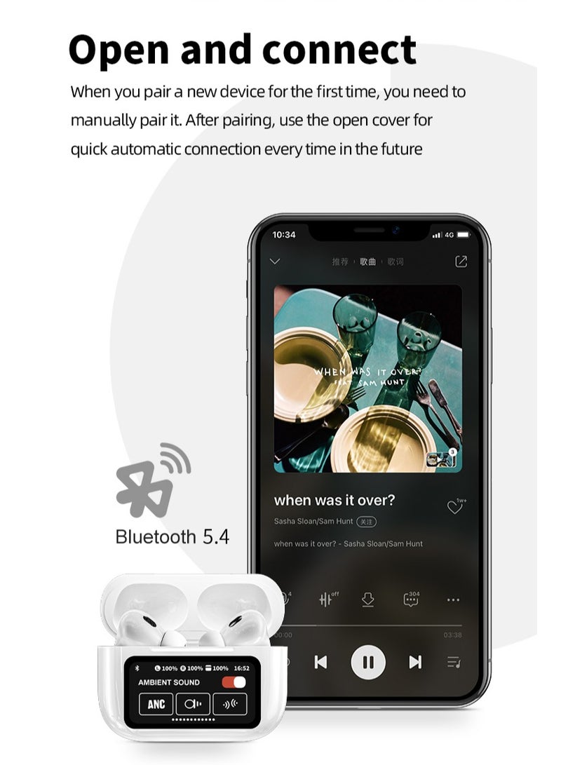 Wireless earphones Bluetooth headphones, Bluetooth 5.4 AI smart chip, LED full-color touchscreen, Compatible with iOS and Android systems,White  - Image 3